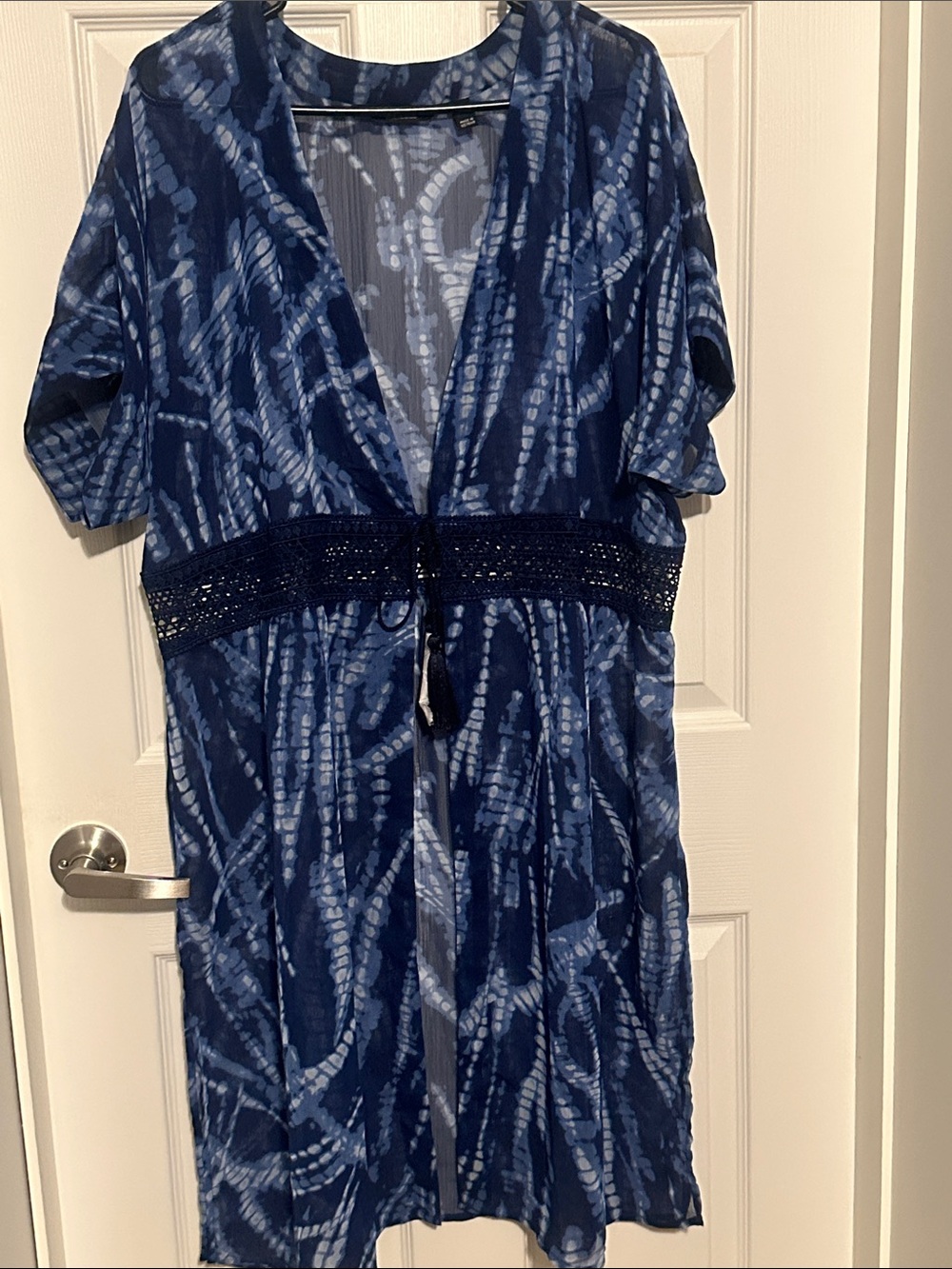 Dennis Basso Navy Tie-Dye Crochet Waist Swim Coverup